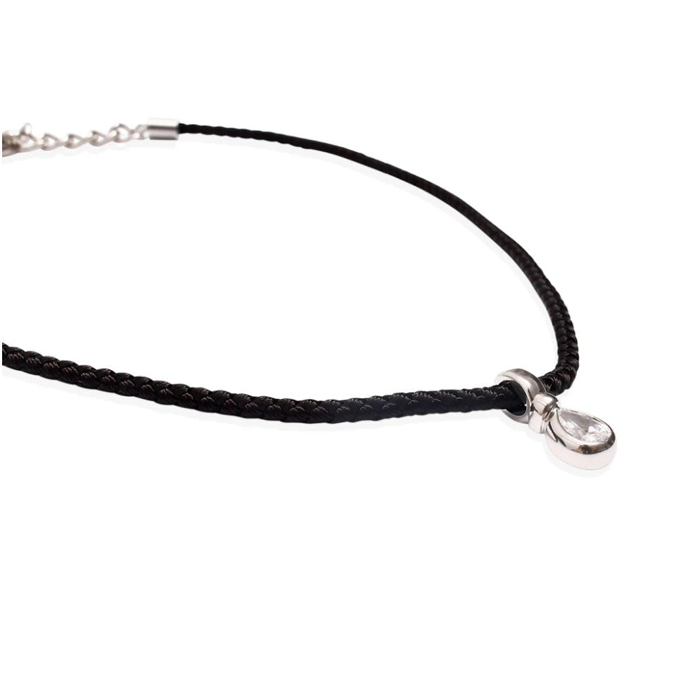 By Alona Auralis necklace from black braided cord Sterling silver teardrop pendant with a sparkling cubic zirconia stone