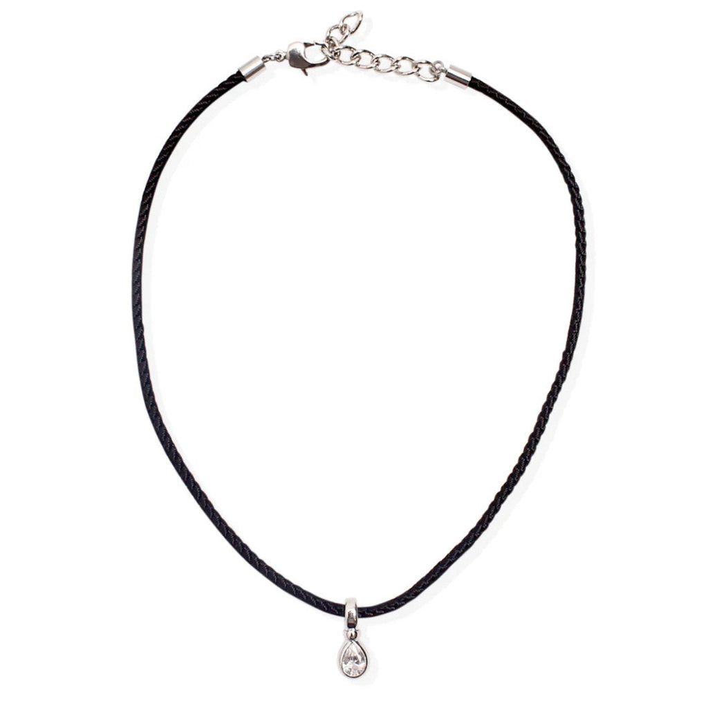 By Alona Auralis necklace from black braided cord Sterling silver teardrop pendant with a sparkling cubic zirconia stone