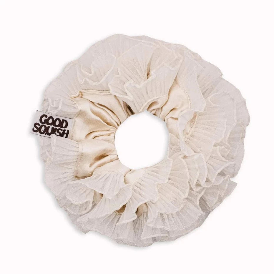 cream silk and organza baby B-E-A-UTIFUL beautiful scrunchie by good squish