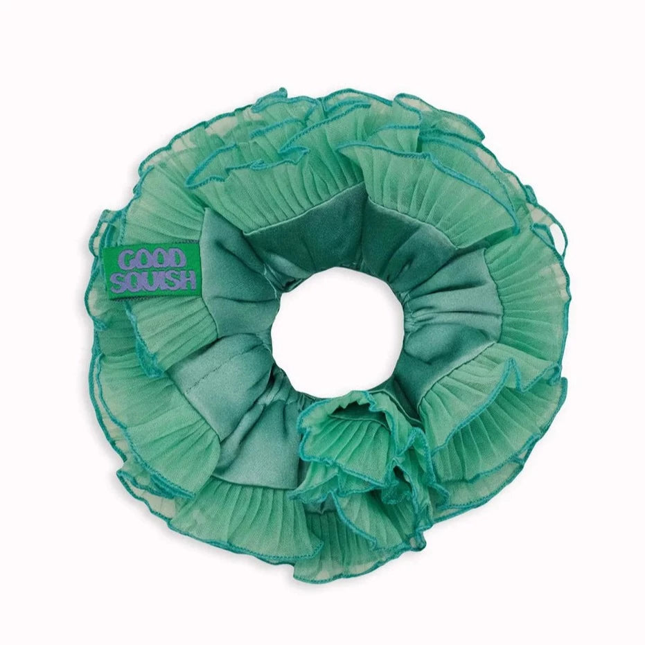 green turquoise silk and organza baby B-E-A-UTIFUL beautiful scrunchie by good squish