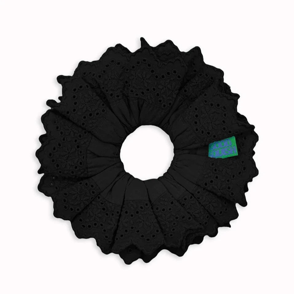 black cotton scrunchie with baby blumberg broderie anglais trim by good squish