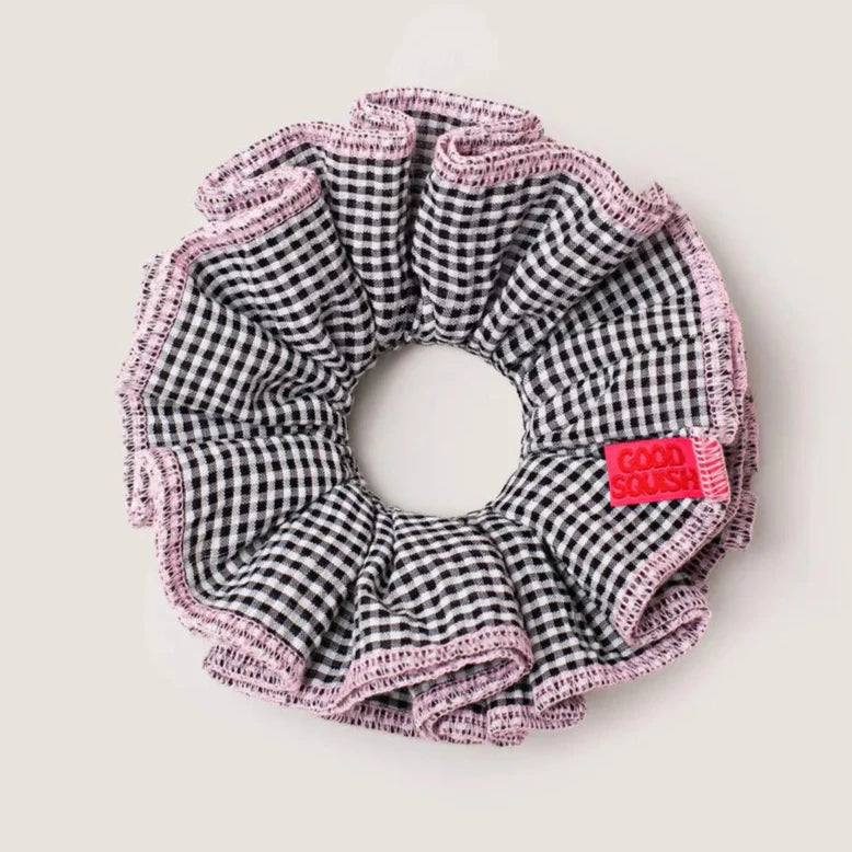 black and white gingham baby wilder oversized scrunchie with pink trim good squish cotton