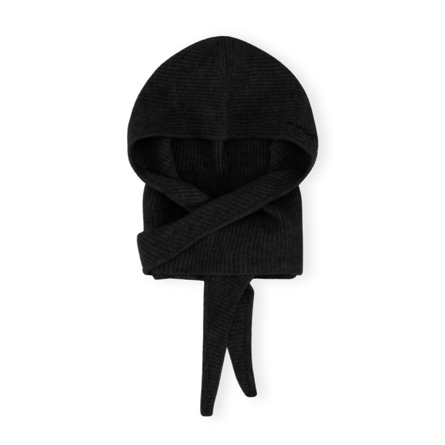 GANNI black ribbed soft wool knitted balaclava hood scarf