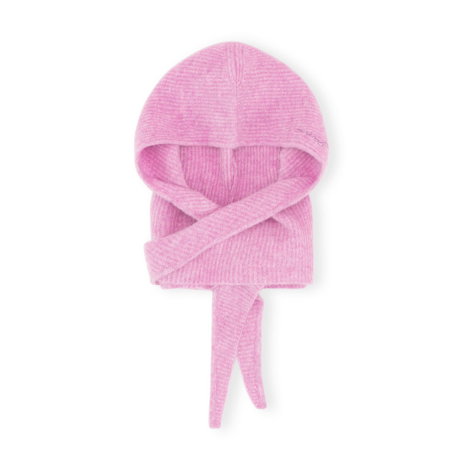 GANNI pink ribbed soft wool knitted balaclava hood scarf