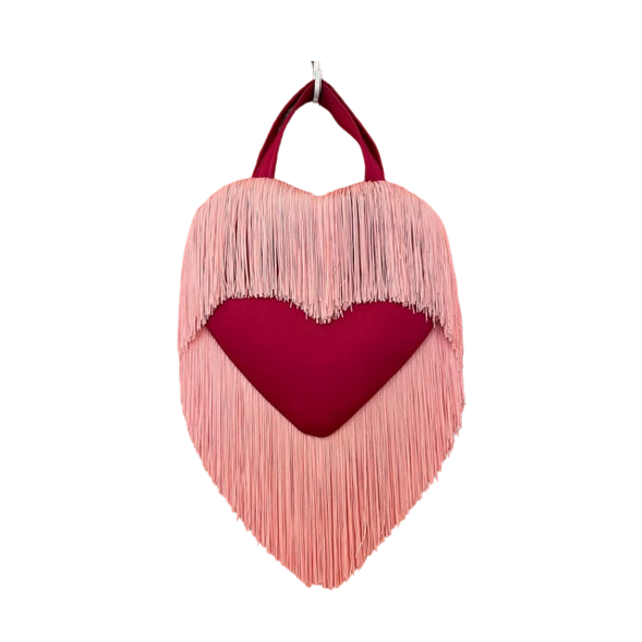 dark pink heart love bomb barbie bag with light pink fringe by katie france london