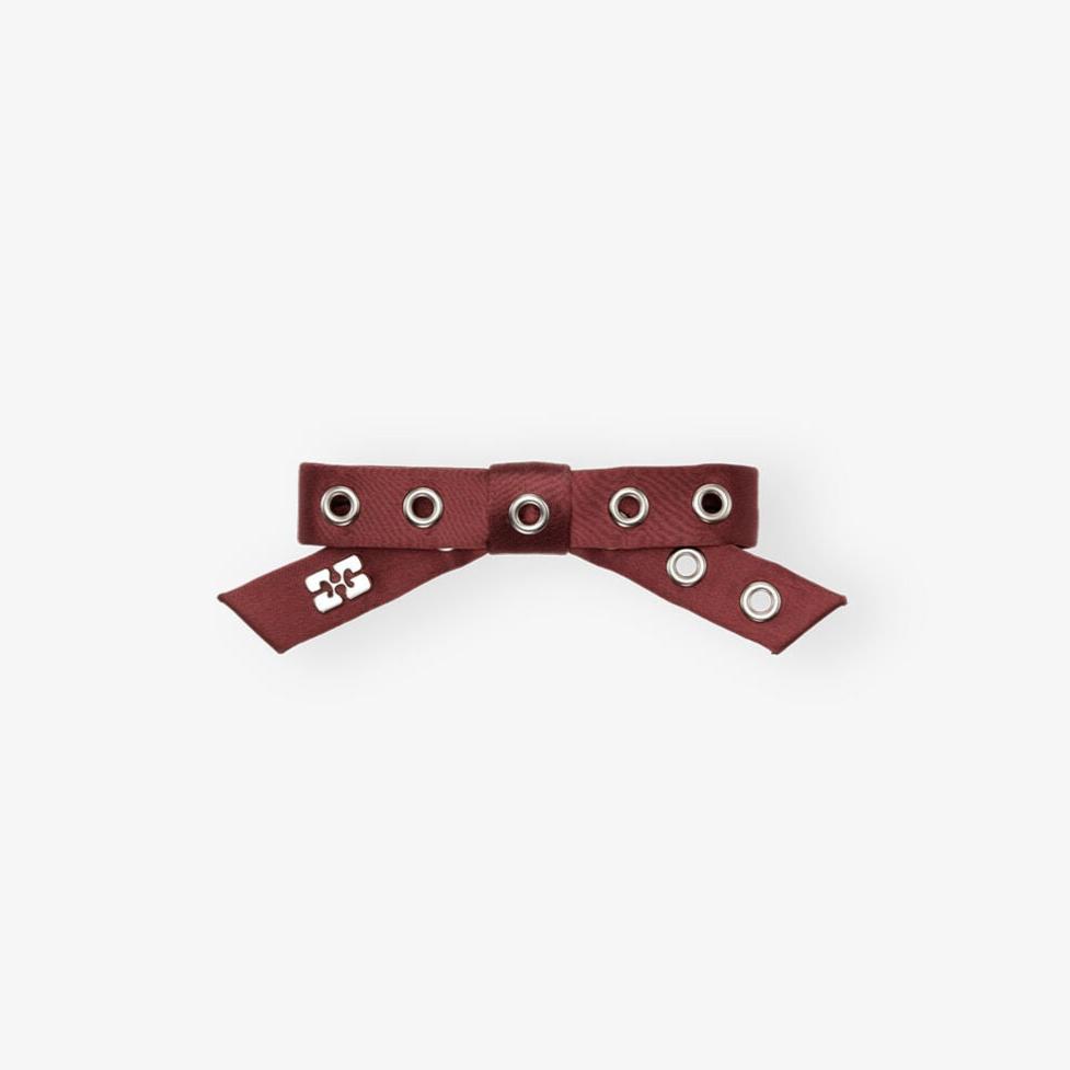 ganni eyelet bow barrette burgundy red satin butterlfy logo