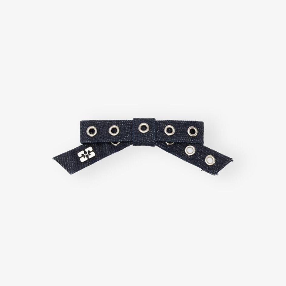 ganni eyelet bow barrette blue denim butterlfy logo