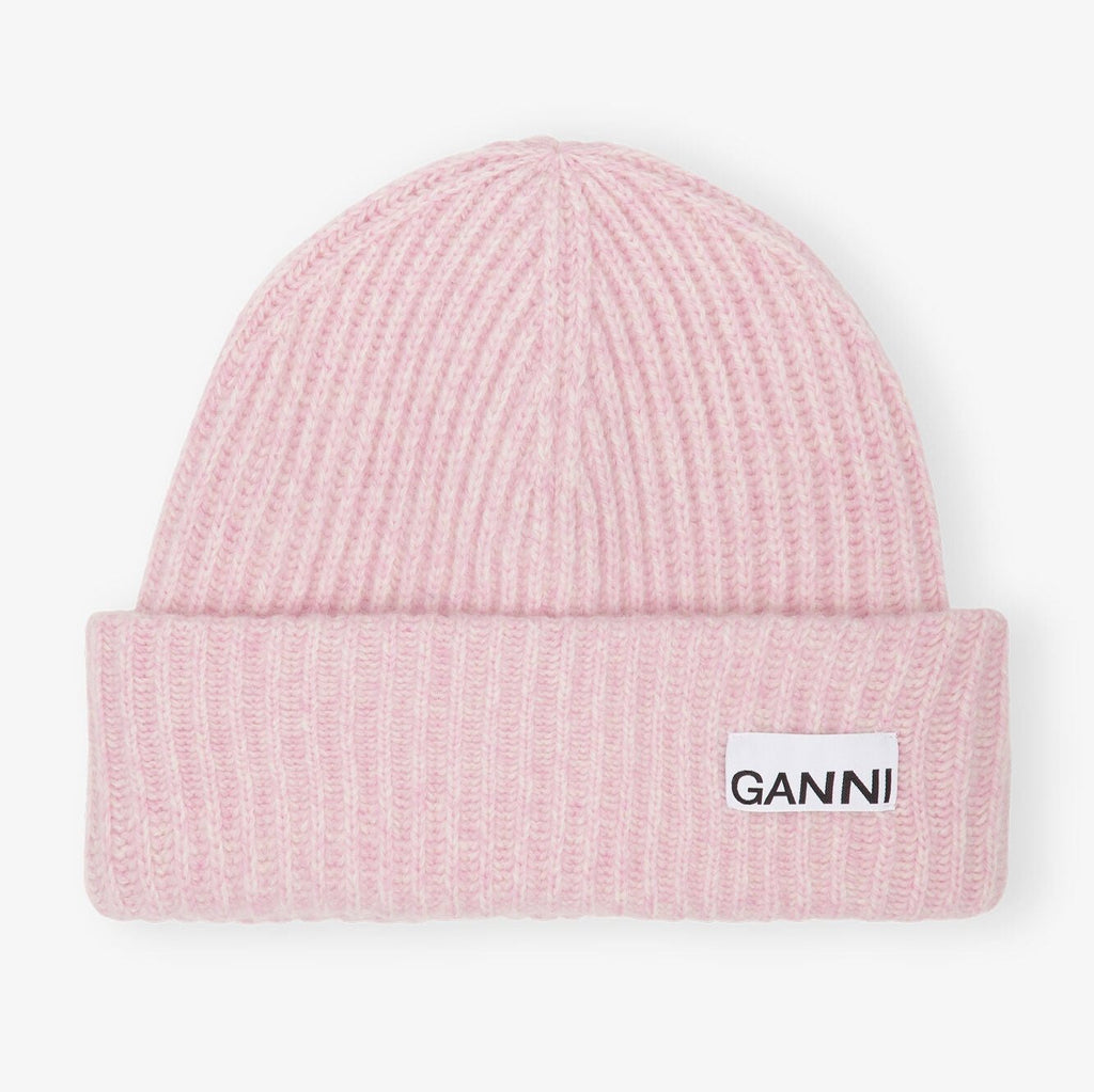 ganni oversized ribbed wool logo beanie pink lilac sachet