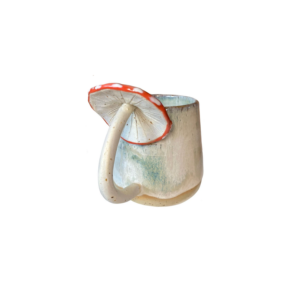 birch white glaze ceramic mini mug espresso cup with mushroom toadstool handle by Chloe Charlett