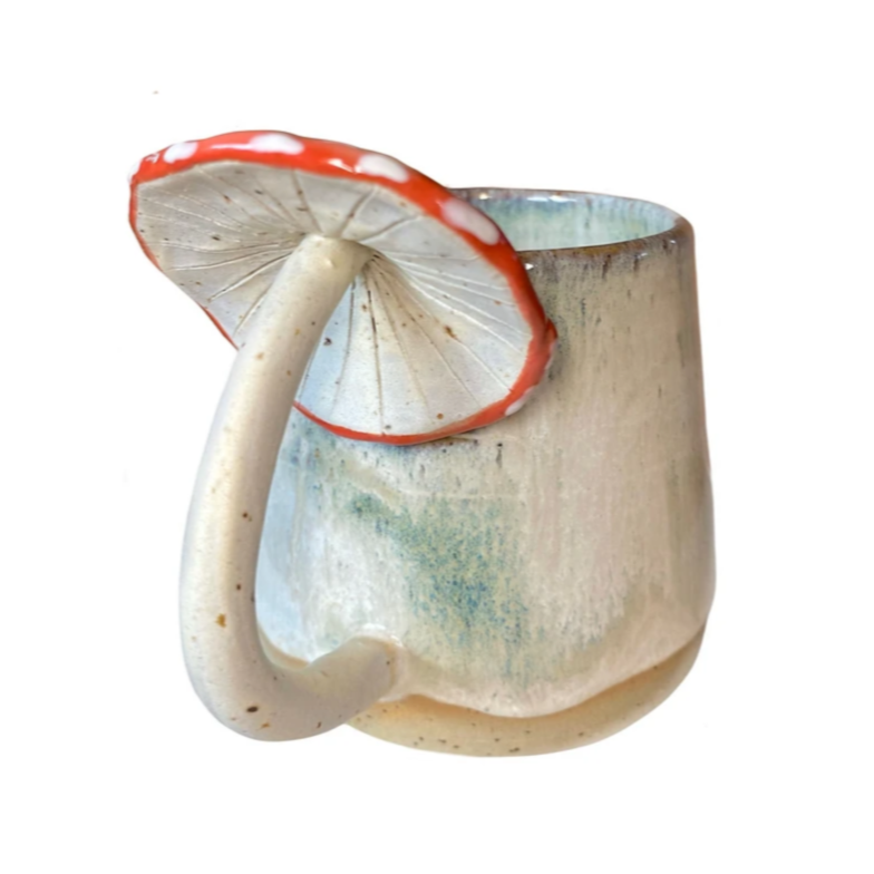 birch white glaze ceramic coffee tea XL mug with mushroom toadstool handle by Chloe Charlett