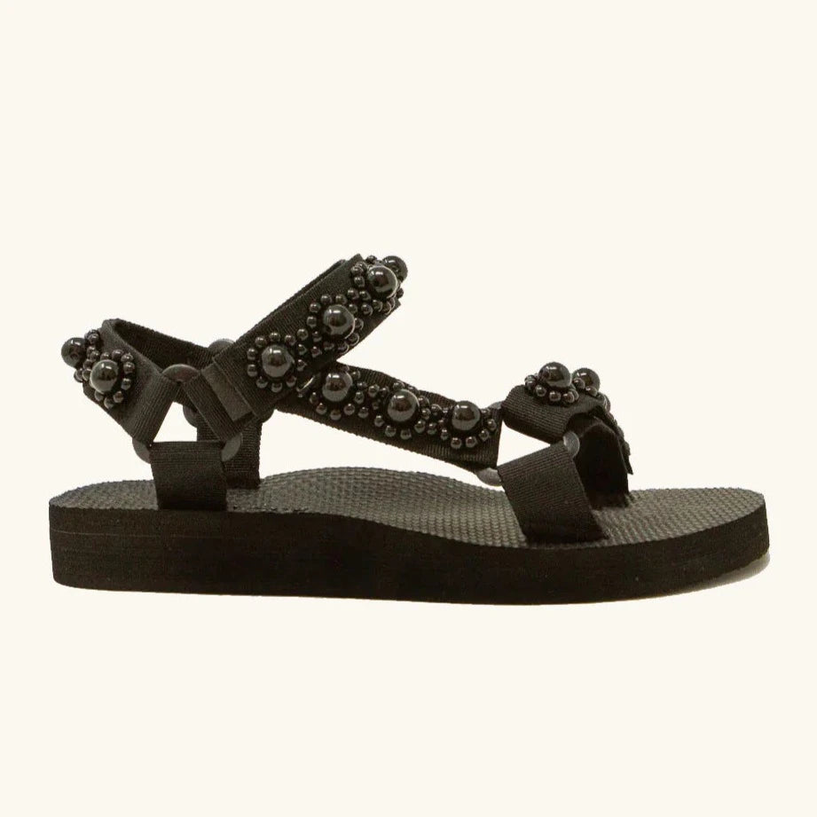 black trekky sports sandals with black pearls and velcro straps by Arizona Love