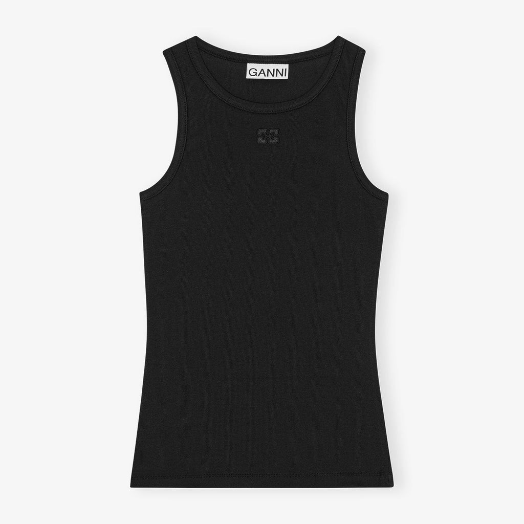 GANNI soft cotton ribbed tank top in plain black