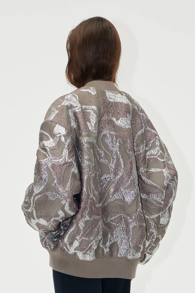 stine goya voluminous slouchy bomber jacket metallic foliage floral bronze brown