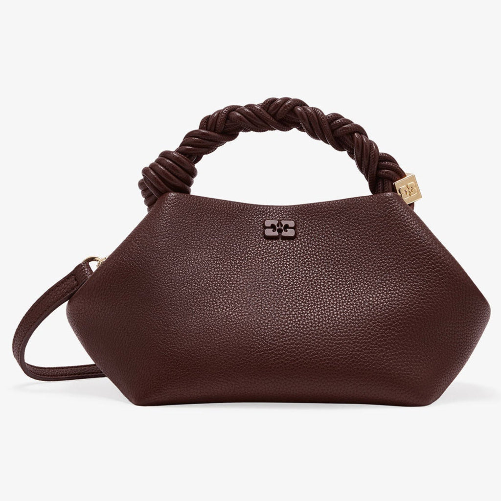 ganni small bou bag grained brown chicory coffee faux leather cross body top handle bag