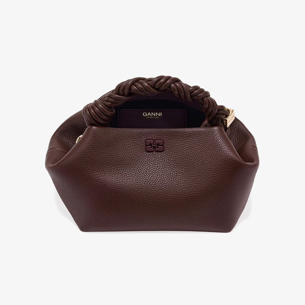 ganni small bou bag grained brown chicory coffee faux leather cross body top handle bag