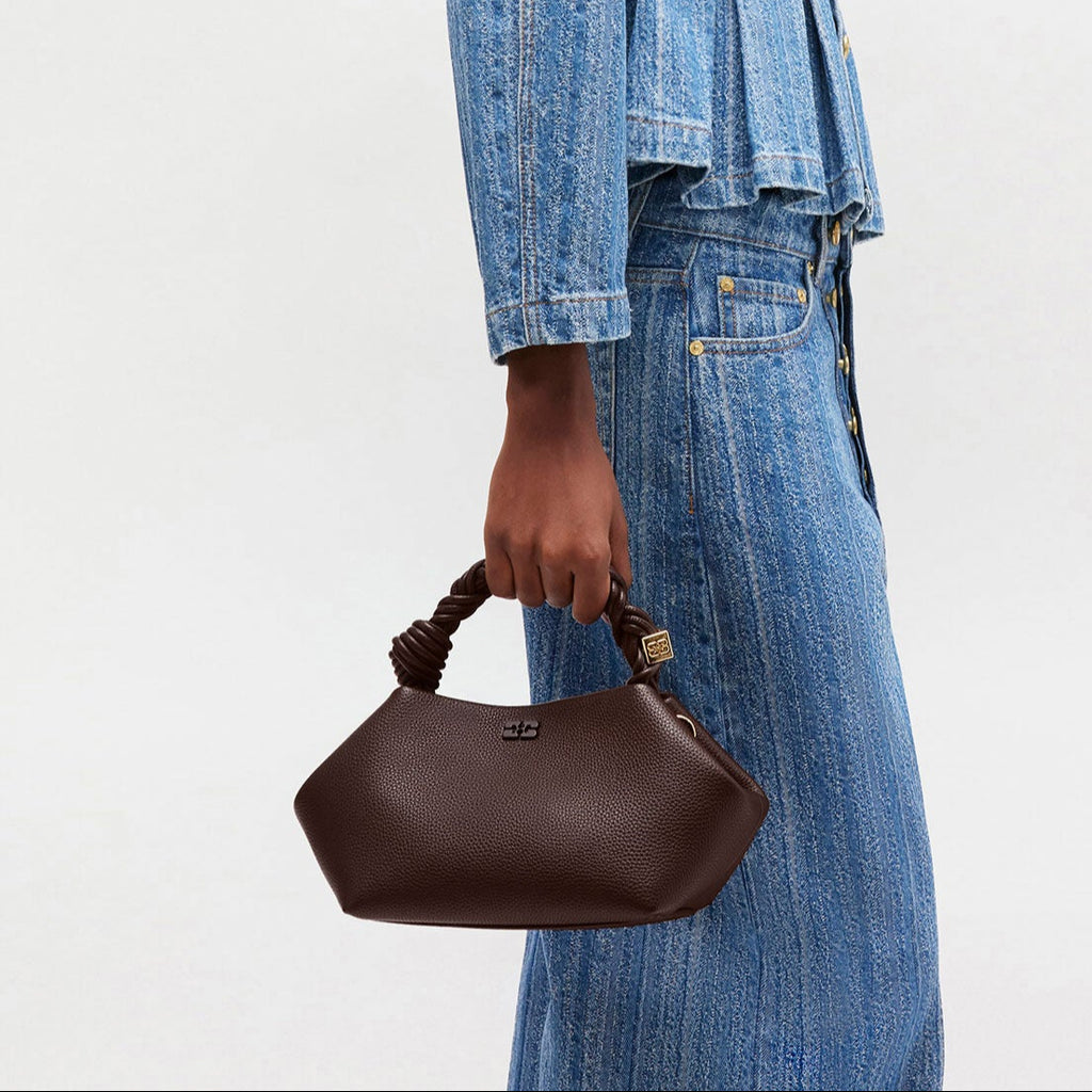 ganni small bou bag grained brown chicory coffee faux leather cross body top handle bag