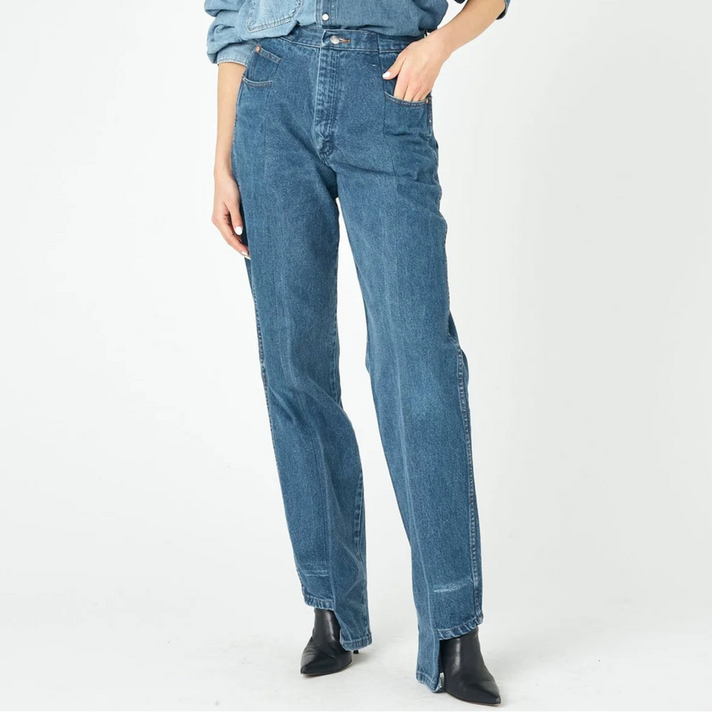 elv denim boyfriend jeans mid blue match rigid upcycled vintage