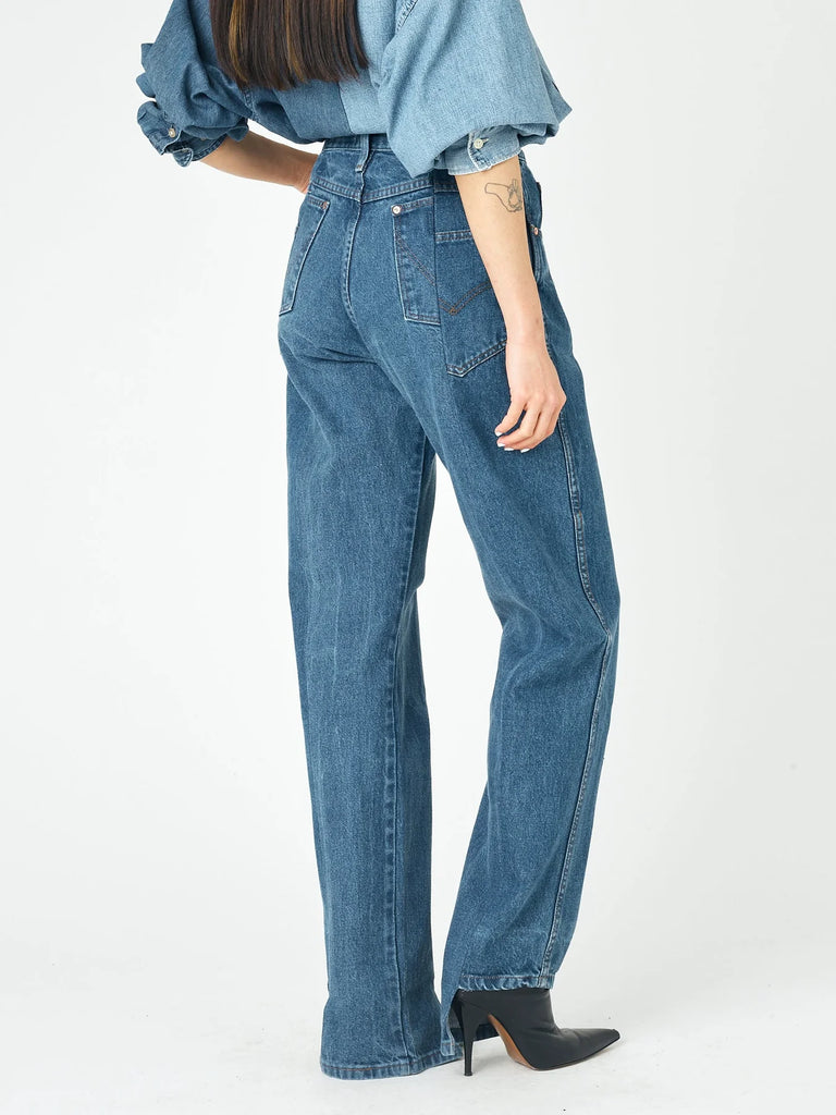 elv denim boyfriend jeans mid blue match rigid upcycled vintage