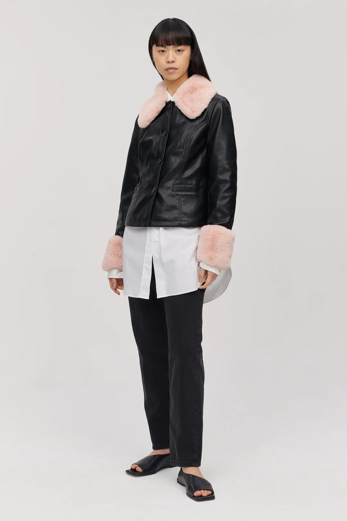 black vegan faux leather Brittany jacket by Jakke with pink contrast collar and cuffs