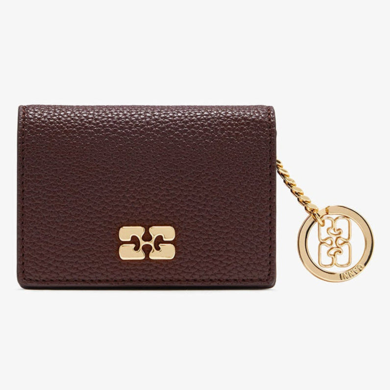 ganni bou card holder wallet grained faux leather chicory brown gold butterfly chain logo