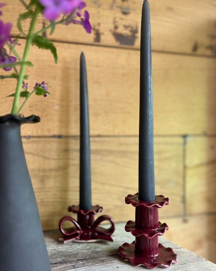 superfluities bow frill ceramic candle stick holder burgundy