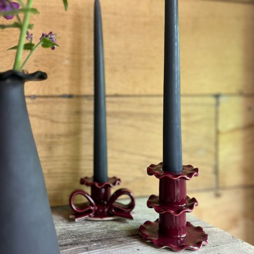 Superfluities Frilled ceramic medium candle stick holder dark red Burgundy