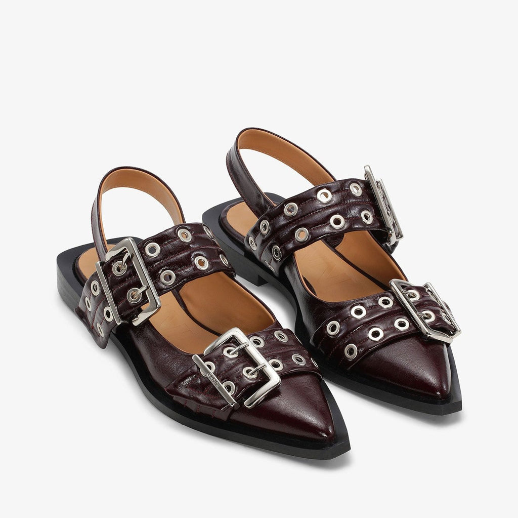 ganni buckle ballerina sling back flats burgundy patent