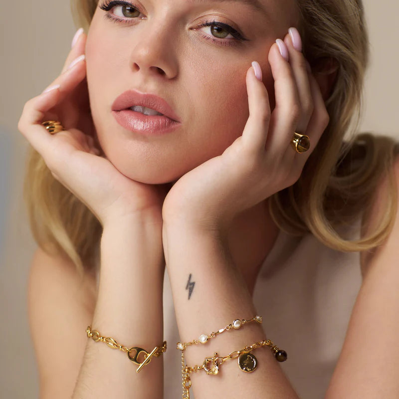 Orelia gold Mixed heart coin and key Charm & Tiger's Eye Bracelet