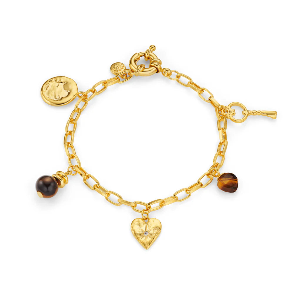 Orelia gold Mixed heart coin and key Charm & Tiger's Eye Bracelet