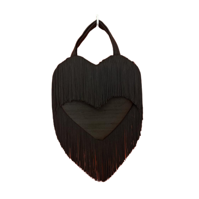 black dupion silk heart cleo love bomb bag with fringe by Katie France London