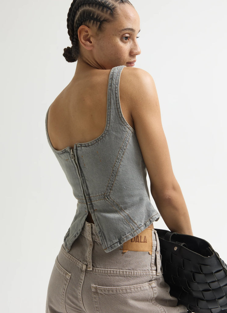 DALA denim broken corset fitted top lunar light grey