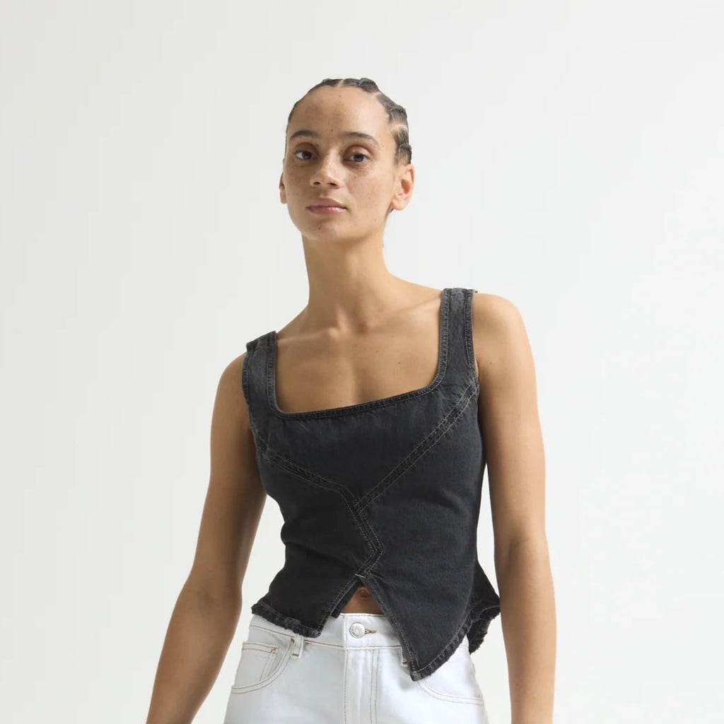 DALA denim broken corset fitted top hurricane washed black charcoal grey contrast seam