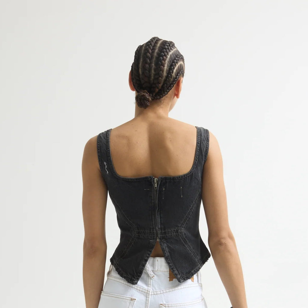 DALA denim broken corset fitted top hurricane washed black charcoal grey contrast seam