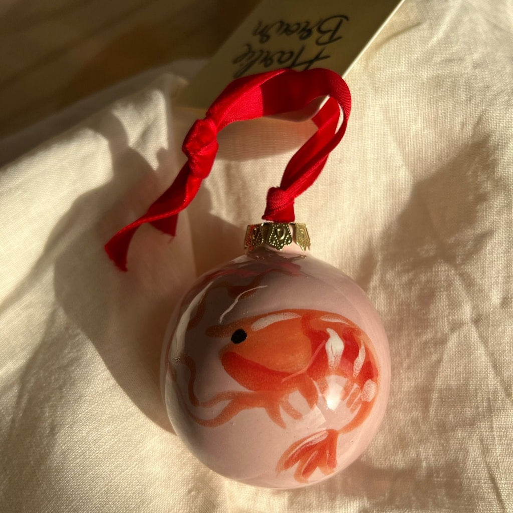 Ceramic christmas xmas decoration bauble crevette lobster shrimp prawn Harlie Brown Studio velvet ribbon