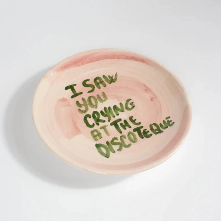 musae studio I SAW YOU CRYING AT THE DISCOTEQUE hand painted Ceramic Plate pink green 