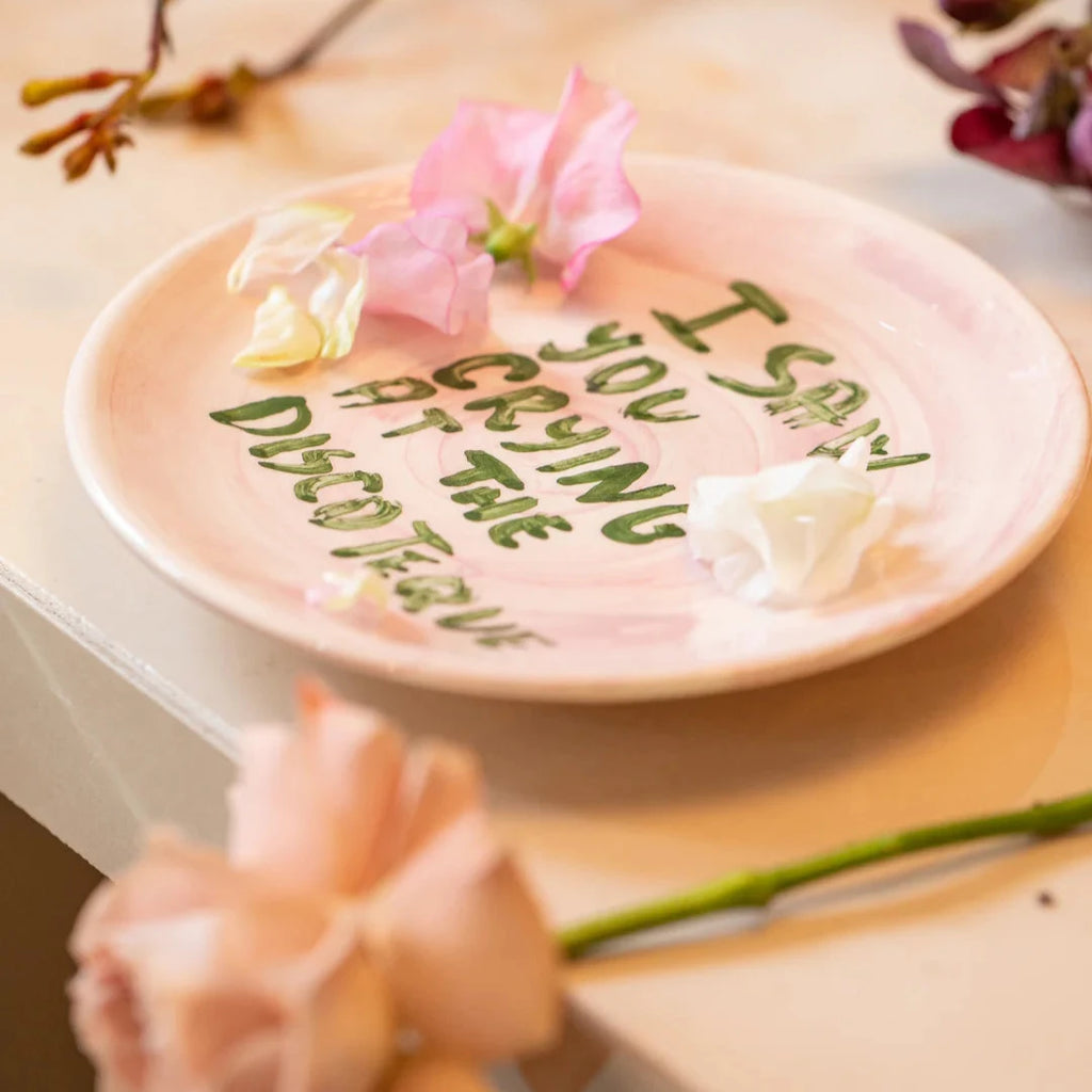 musae studio I SAW YOU CRYING AT THE DISCOTEQUE hand painted Ceramic Plate pink green 