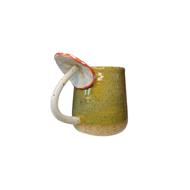 olive green glaze ceramic mini mug espresso cup with mushroom toadstool handle by Chloe Charlett