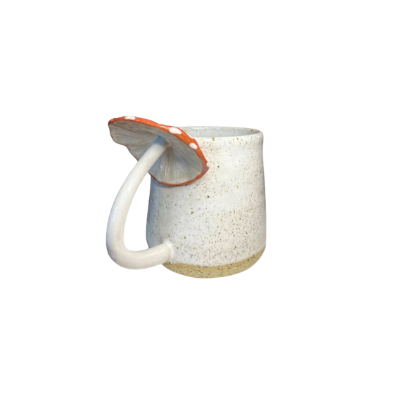 white glaze ceramic mini mug espresso cup with mushroom toadstool handle by Chloe Charlett