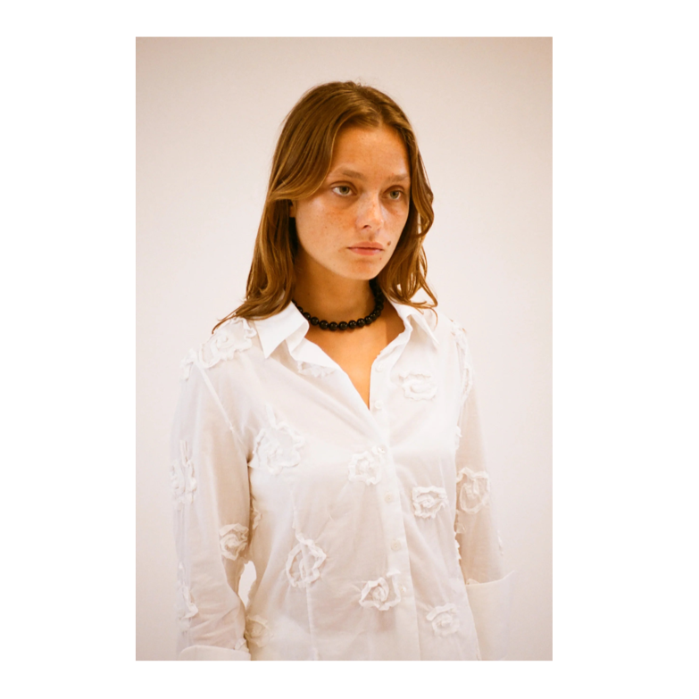 white cotton dagger collar Gabrielle shirt with floral applique design by Home of Hai