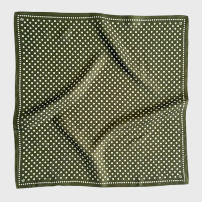 Le Scarf polka dot 100% silk scarf in olive green and cream