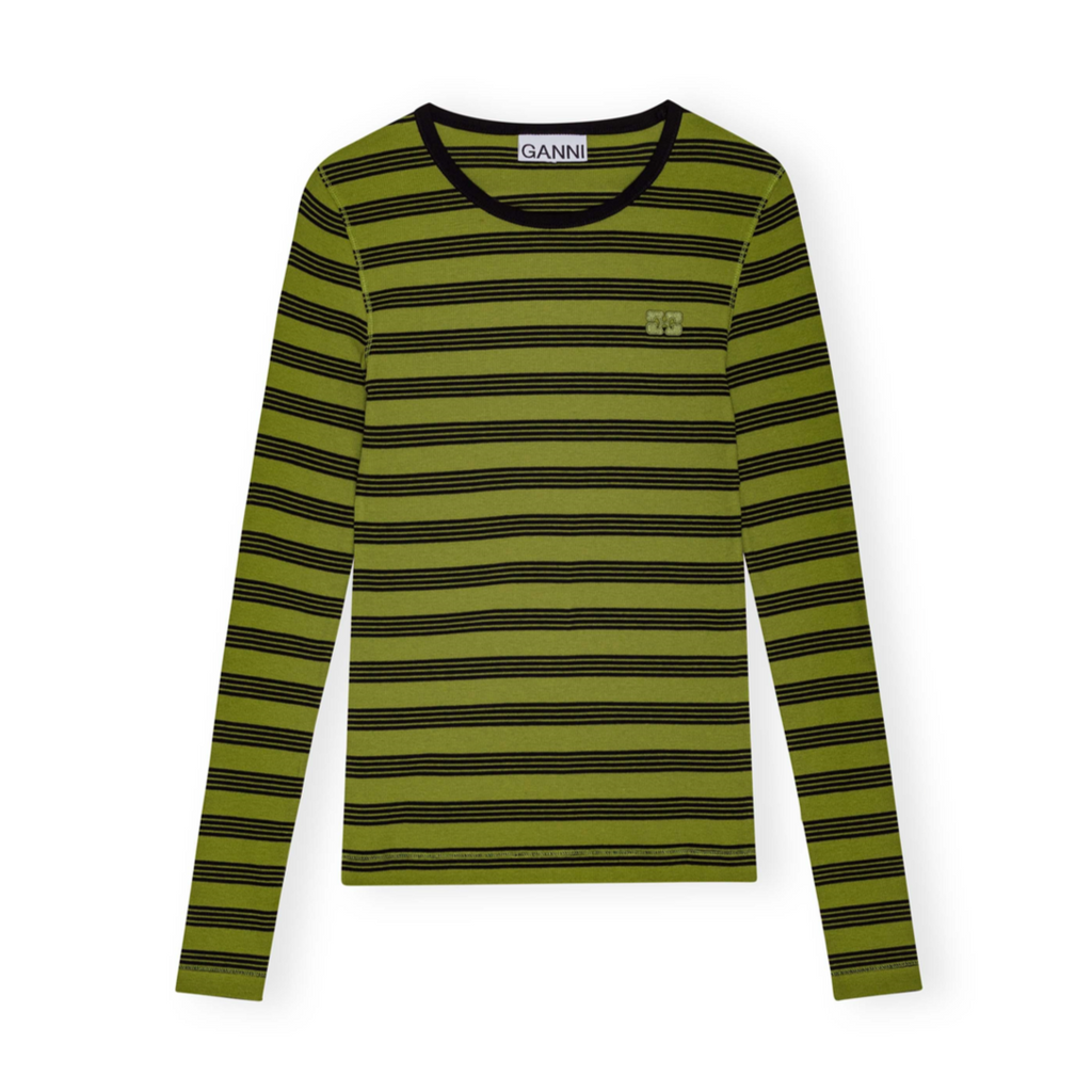 GANNI soft cotton rib ribbed long sleeve scoop neck fitted top green black stripe logo golden cypress