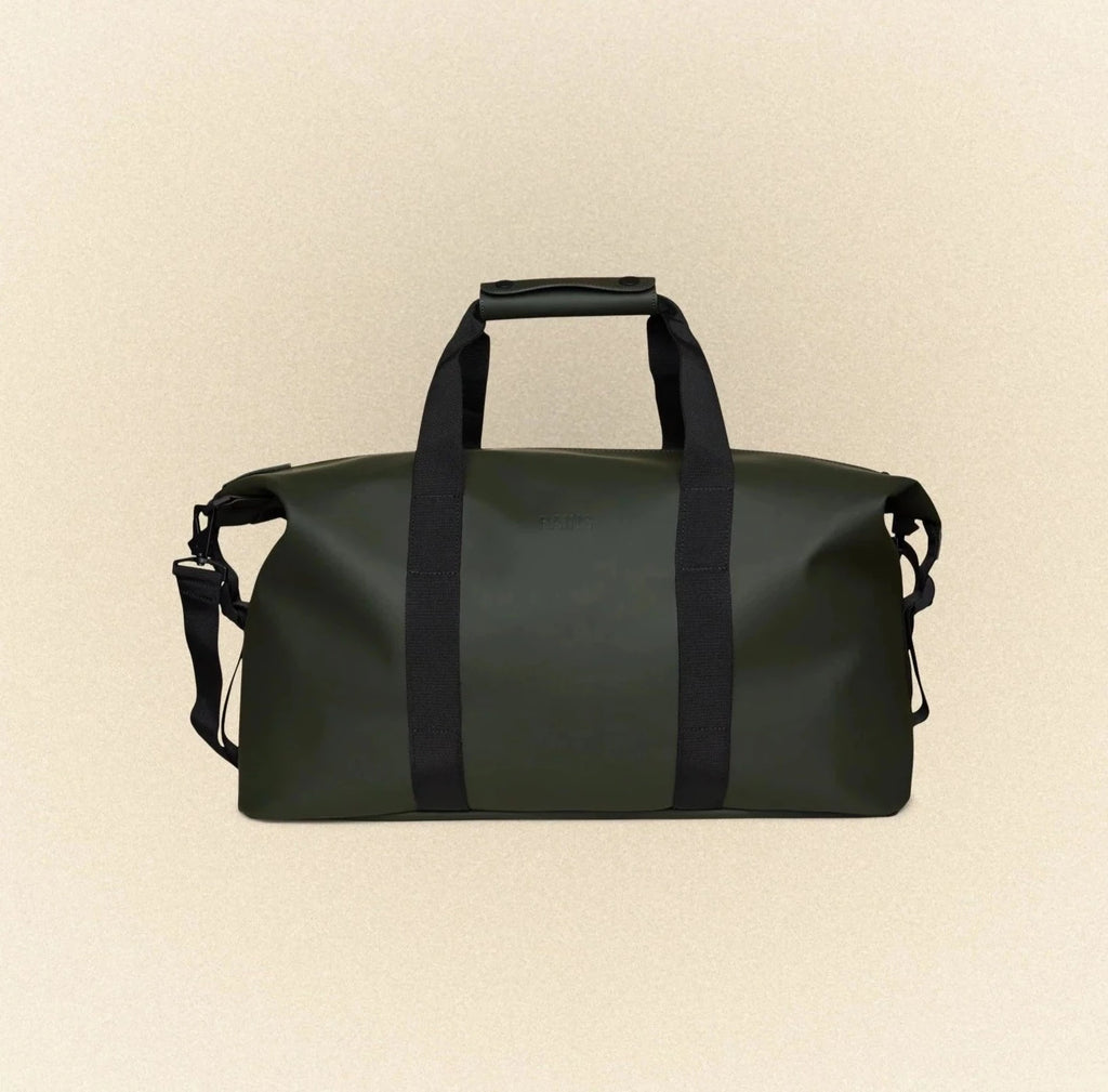 khaki dark green waterproof carry-on luggage bag by Rains with top handle and shoulder strap