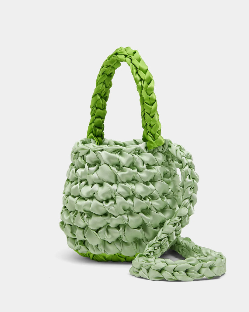 woven satin cross body top handle shoulder bag in green by isla de gar x LIU collab