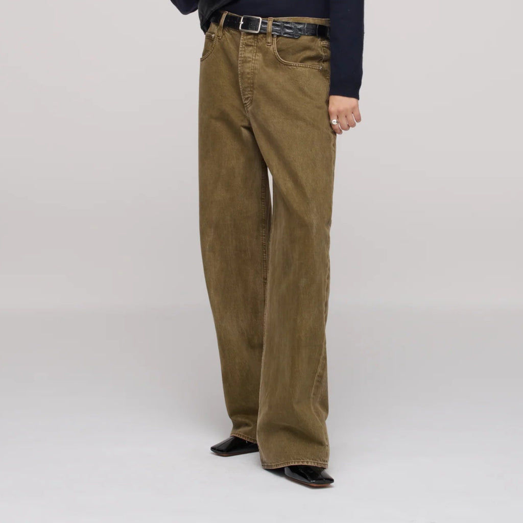 DALA isle olive green slouchy mid rise straight wide leg denim jeans