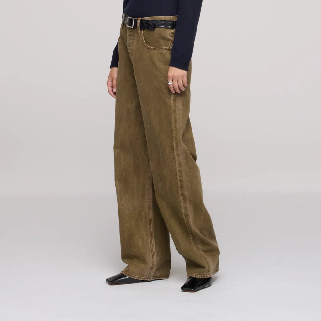 DALA isle olive green slouchy mid rise straight wide leg denim jeans