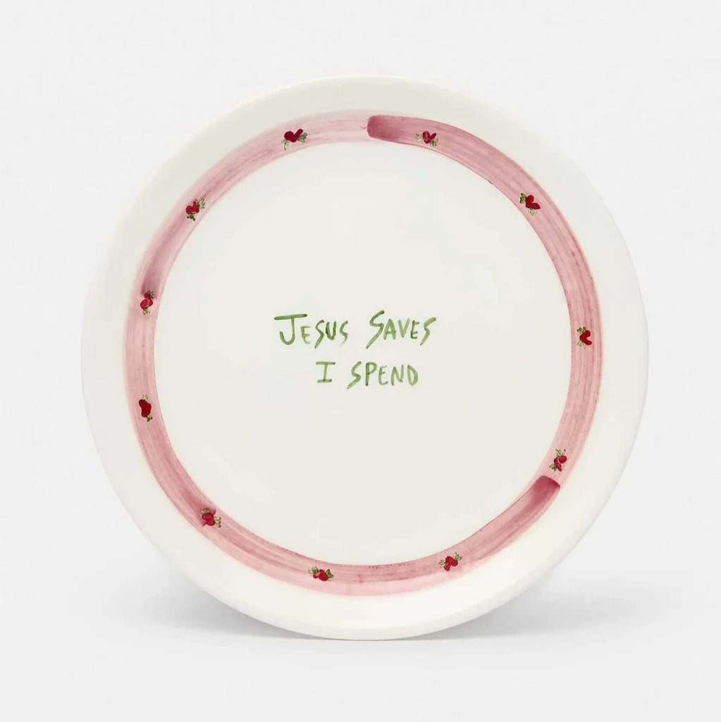 Musae Studio JESUS SAVES I SPEND Ceramic Plate FLOWERS Italy hand painted