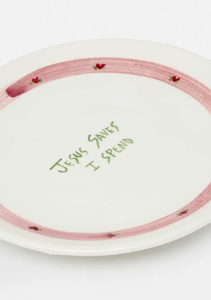 JESUS SAVES I SPEND Ceramic Plate FLOWERS Italy hand painted