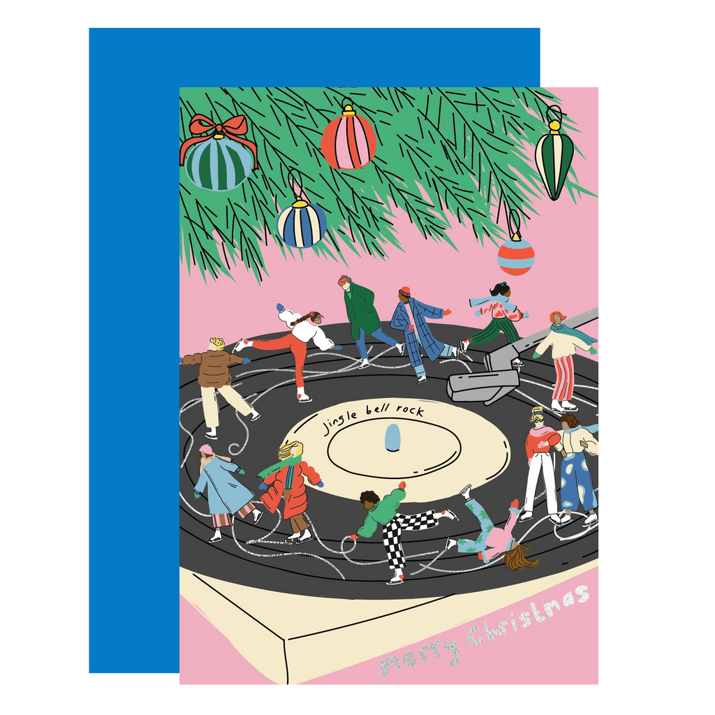 Eat the moon jingle bell rock christmas greeting card record vinyl skiing festive