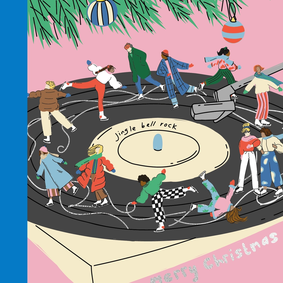 Eat the moon jingle bell rock christmas greeting card record vinyl skiing festive