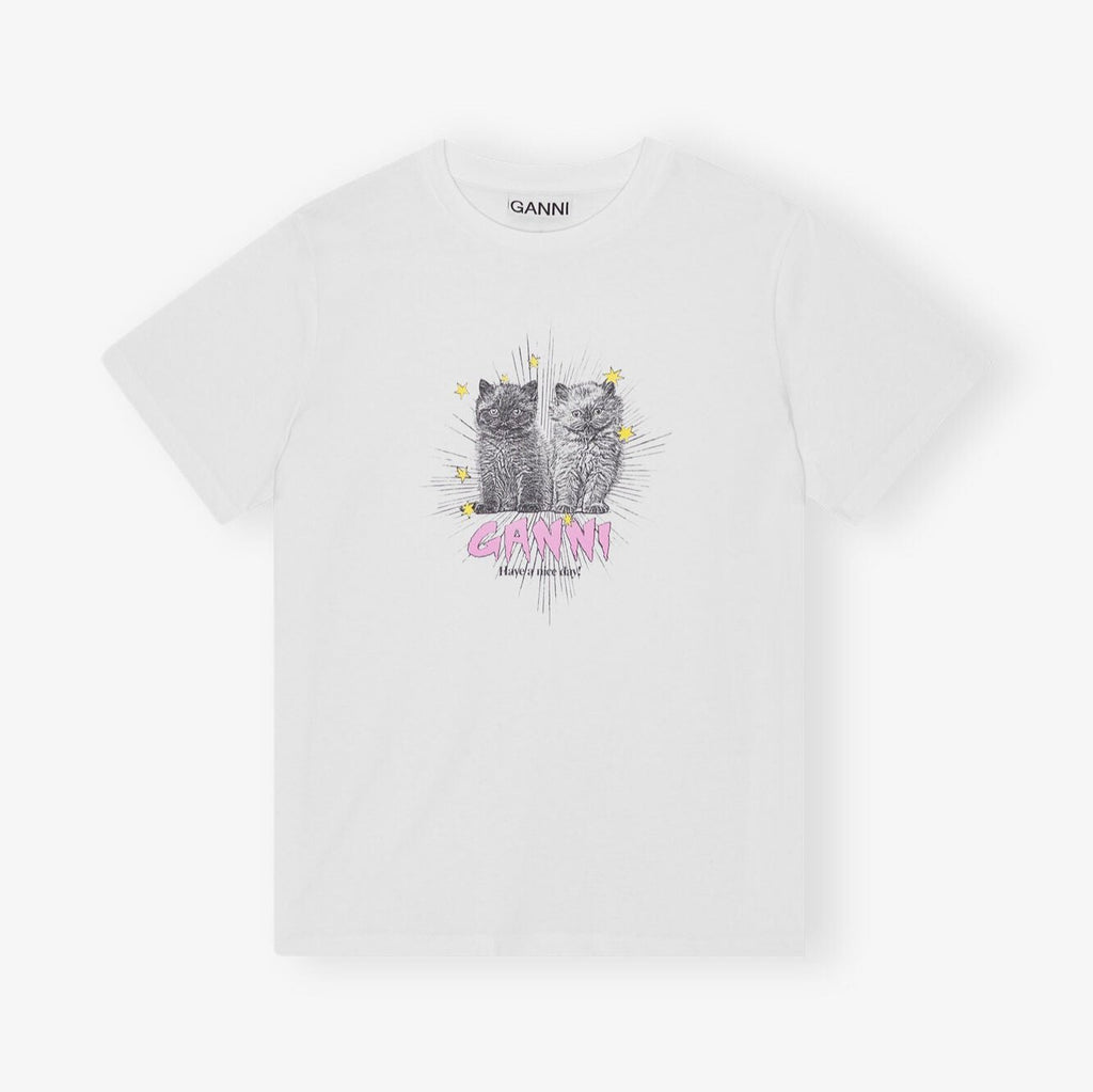 ganni basic relaxed t-shirt kittens stars pink logo